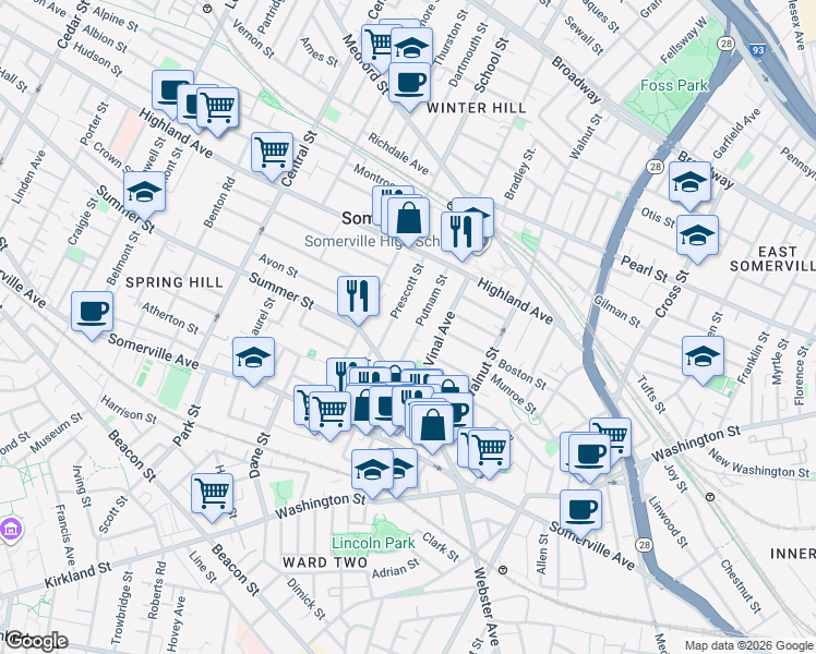 map of restaurants, bars, coffee shops, grocery stores, and more near 22 Putnam Street in Somerville