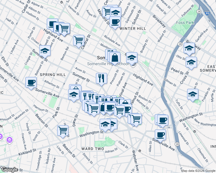 map of restaurants, bars, coffee shops, grocery stores, and more near 59 Summer Street in Somerville