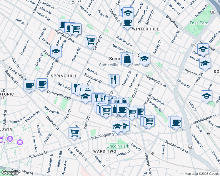 map of restaurants, bars, coffee shops, grocery stores, and more near 16 Preston Road in Somerville