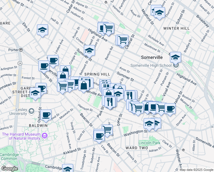 map of restaurants, bars, coffee shops, grocery stores, and more near 15 Central Street in Somerville
