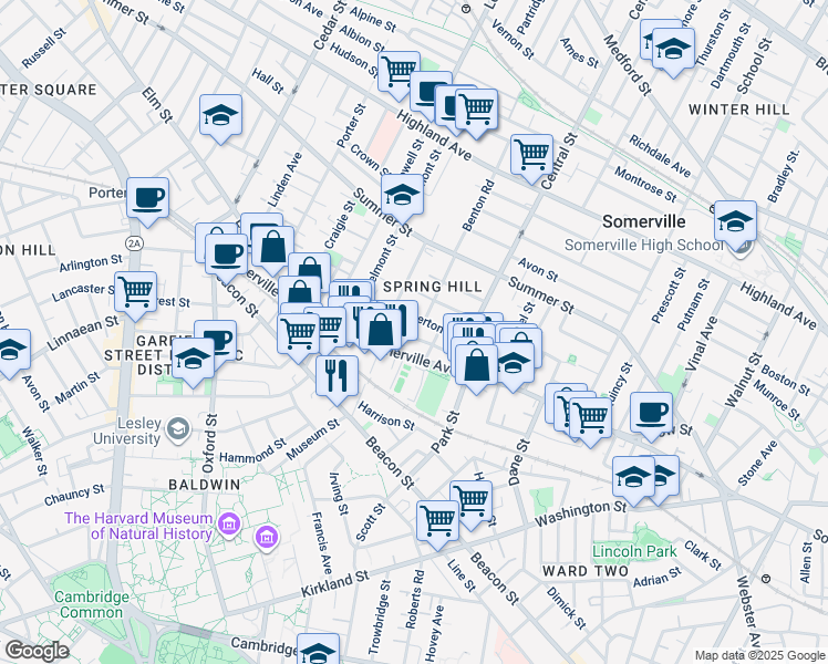map of restaurants, bars, coffee shops, grocery stores, and more near 593 Somerville Avenue in Somerville
