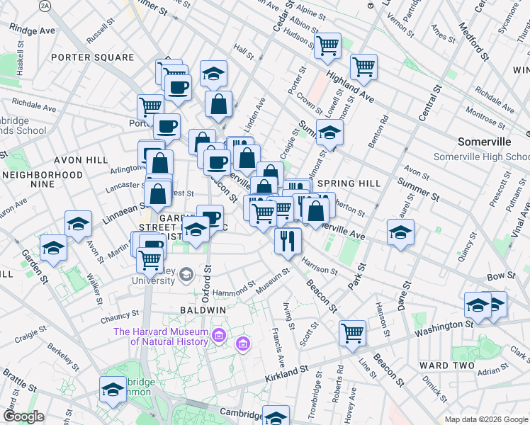 map of restaurants, bars, coffee shops, grocery stores, and more near in Somerville