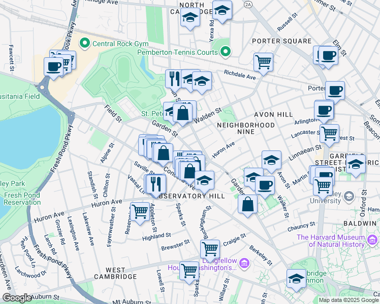 map of restaurants, bars, coffee shops, grocery stores, and more near 25 Orrin Street in Cambridge