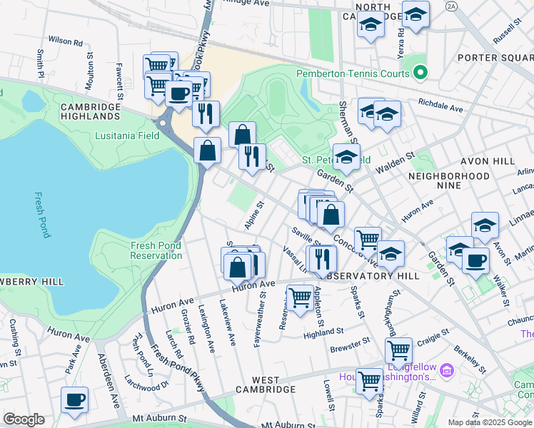 map of restaurants, bars, coffee shops, grocery stores, and more near 95 Chilton Street in Cambridge