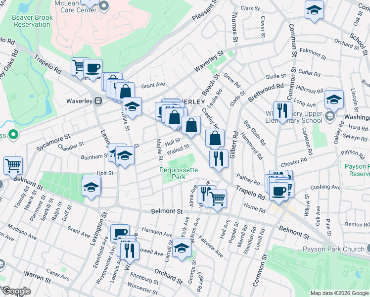 map of restaurants, bars, coffee shops, grocery stores, and more near 36-38 Walnut Street in Belmont