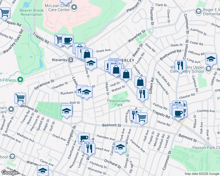 map of restaurants, bars, coffee shops, grocery stores, and more near 57 Maple Street in Belmont