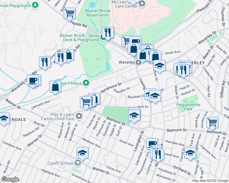 map of restaurants, bars, coffee shops, grocery stores, and more near 20 Perry Street in Watertown