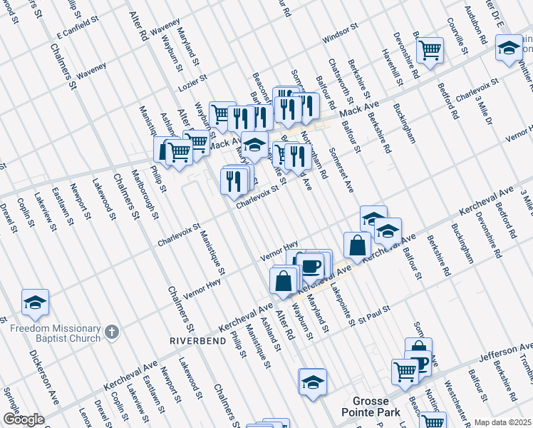 map of restaurants, bars, coffee shops, grocery stores, and more near 1352 Wayburn Street in Grosse Pointe