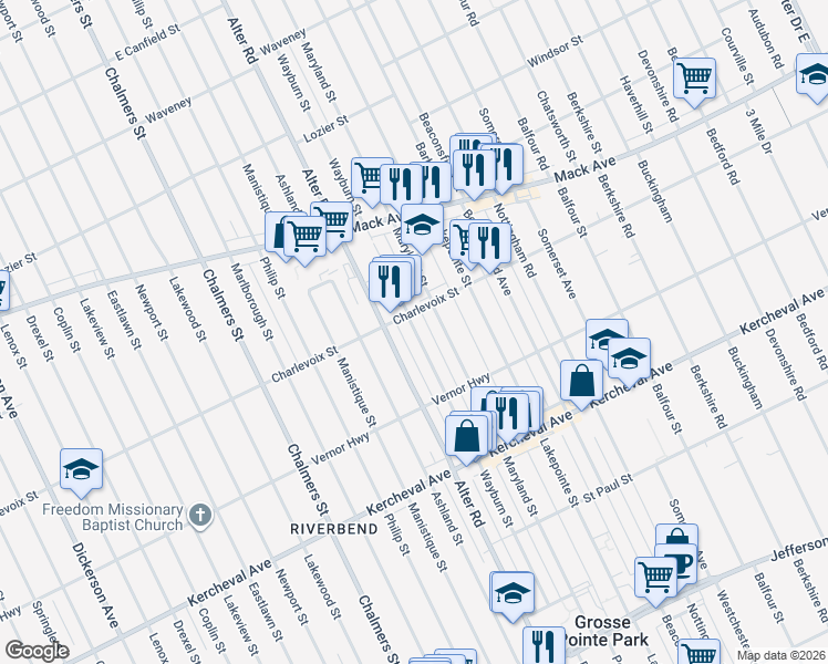 map of restaurants, bars, coffee shops, grocery stores, and more near 1352 Wayburn Street in Grosse Pointe