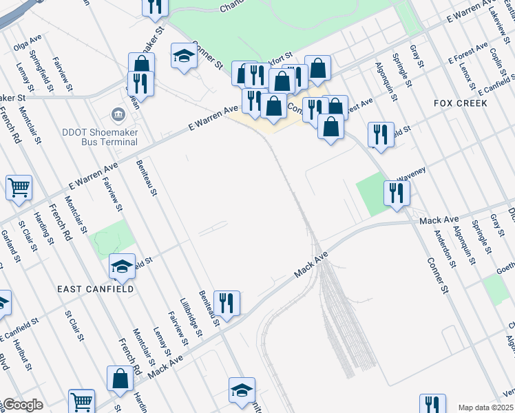 map of restaurants, bars, coffee shops, grocery stores, and more near 11801 Mack Avenue in Detroit