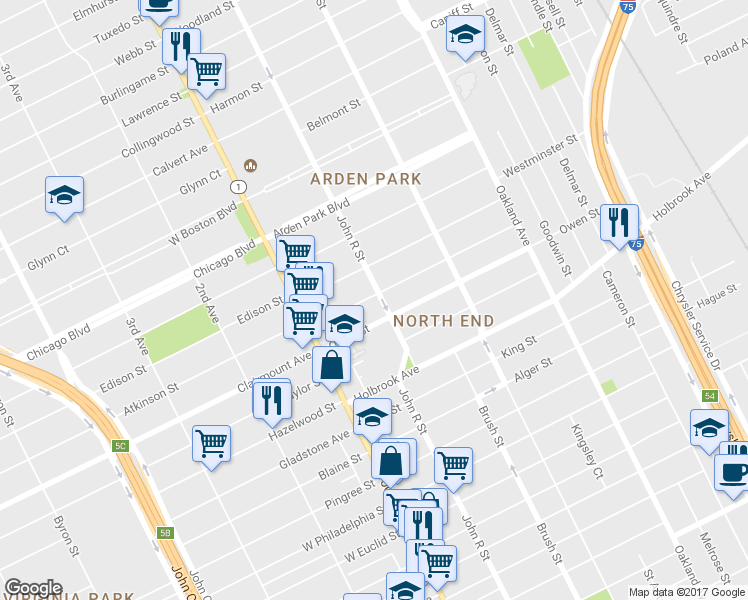 map of restaurants, bars, coffee shops, grocery stores, and more near 156 Leicester Court in Detroit
