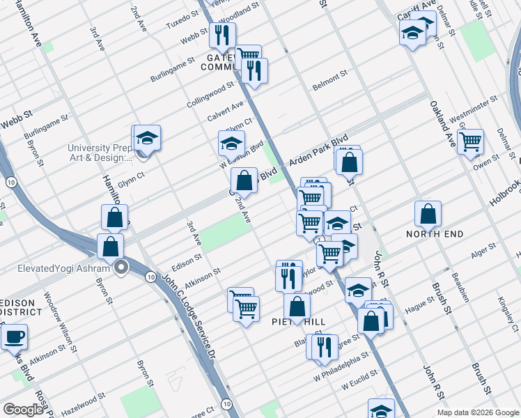 map of restaurants, bars, coffee shops, grocery stores, and more near 112 Edison Street in Detroit