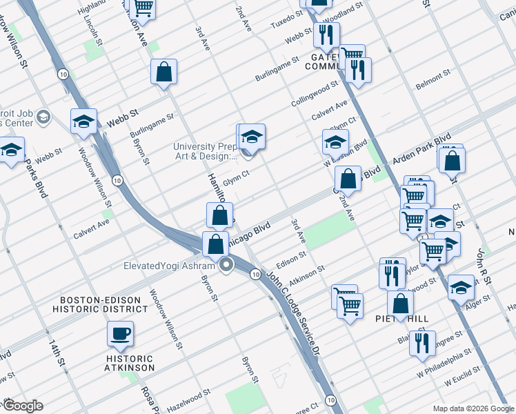 map of restaurants, bars, coffee shops, grocery stores, and more near 924 Chicago Boulevard in Detroit