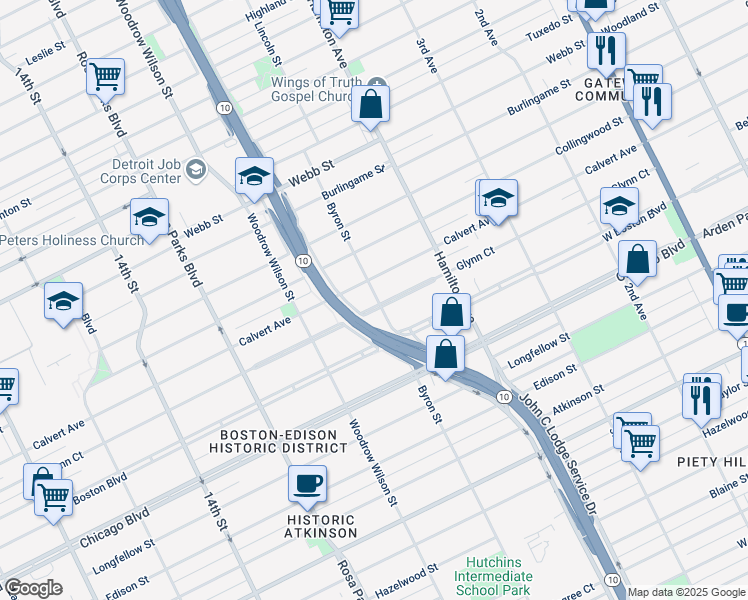 map of restaurants, bars, coffee shops, grocery stores, and more near 1440 Glynn Court in Detroit