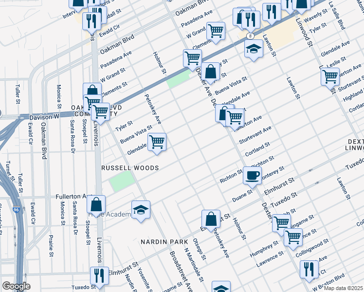 map of restaurants, bars, coffee shops, grocery stores, and more near 4046 Fullerton Avenue in Detroit