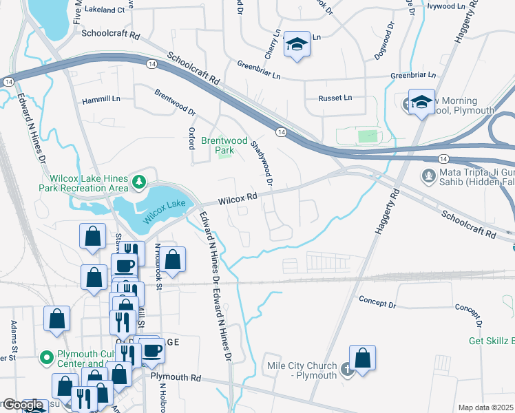 map of restaurants, bars, coffee shops, grocery stores, and more near 14065 Terrace Court in Plymouth