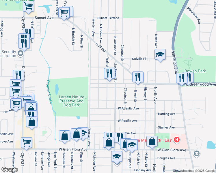 map of restaurants, bars, coffee shops, grocery stores, and more near 1730 Walnut Street in Waukegan
