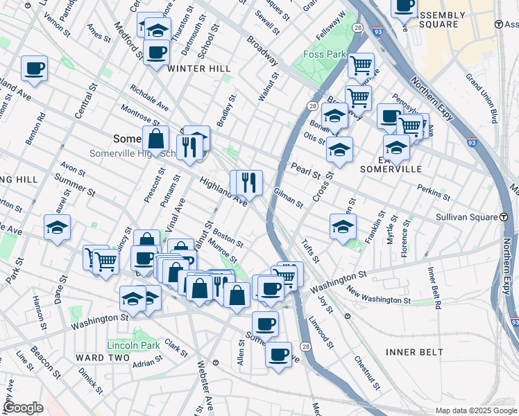 map of restaurants, bars, coffee shops, grocery stores, and more near 6 Hamlet Street in Somerville