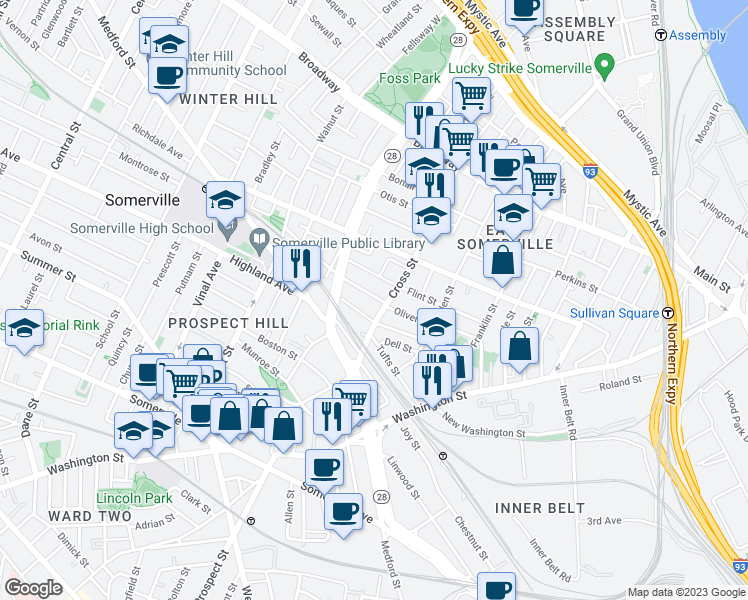 map of restaurants, bars, coffee shops, grocery stores, and more near 115 Cross Street in Somerville