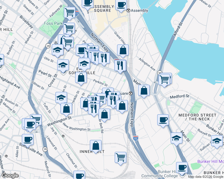 map of restaurants, bars, coffee shops, grocery stores, and more near 78 Perkins Street in Somerville