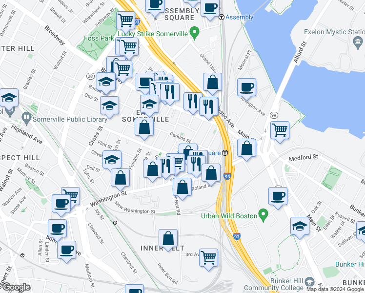 map of restaurants, bars, coffee shops, grocery stores, and more near 7 Wheeler Street in Somerville
