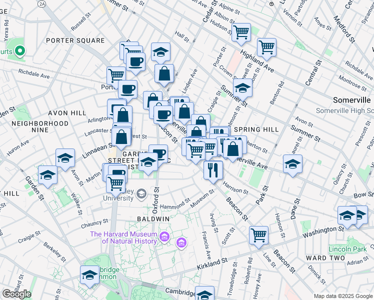 map of restaurants, bars, coffee shops, grocery stores, and more near 309 Beacon Street in Somerville