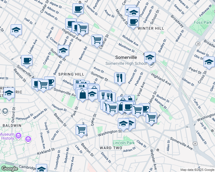 map of restaurants, bars, coffee shops, grocery stores, and more near 33 Preston Road in Somerville