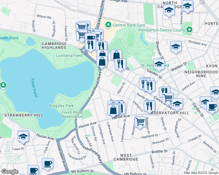 map of restaurants, bars, coffee shops, grocery stores, and more near 197 Vassal Lane in Cambridge