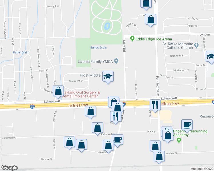 map of restaurants, bars, coffee shops, grocery stores, and more near 14041 Stark Road in Livonia