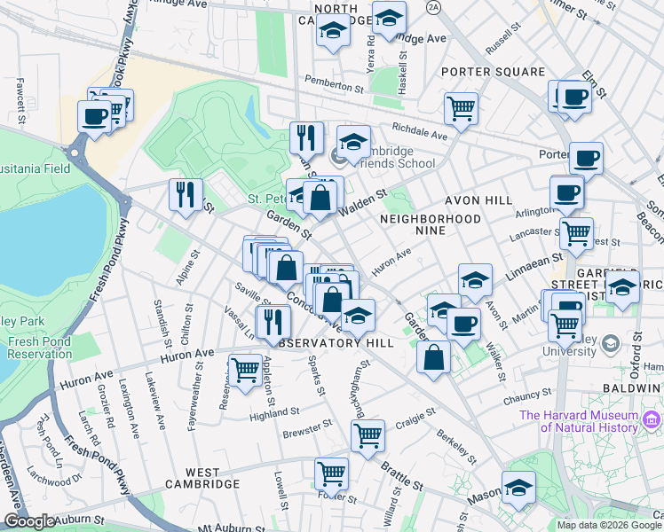 map of restaurants, bars, coffee shops, grocery stores, and more near 25 Orrin Street in Cambridge
