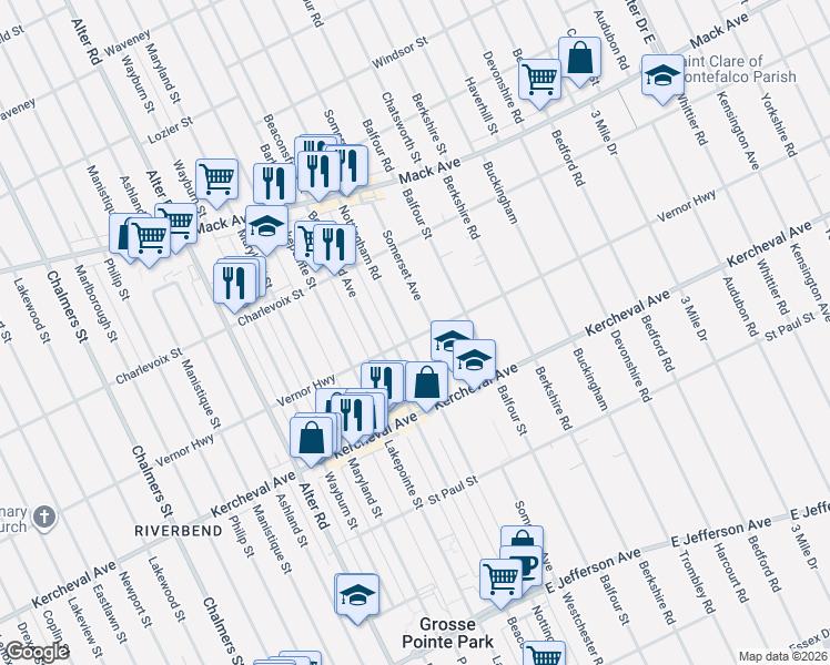 map of restaurants, bars, coffee shops, grocery stores, and more near 1300 Nottingham Road in Grosse Pointe Park