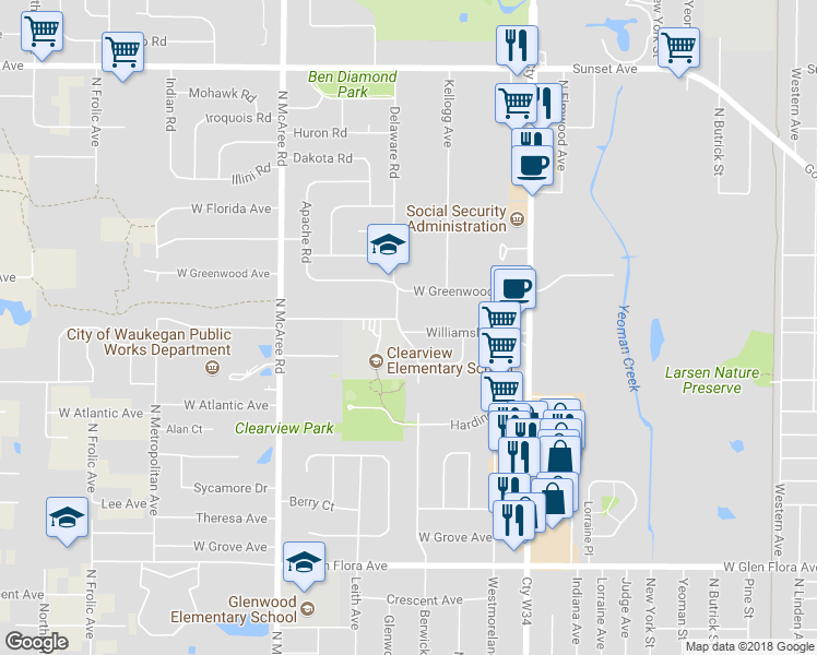 map of restaurants, bars, coffee shops, grocery stores, and more near 2210 Williamsburg Drive in Waukegan