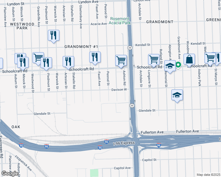 map of restaurants, bars, coffee shops, grocery stores, and more near 12943 Rosemont Avenue in Detroit