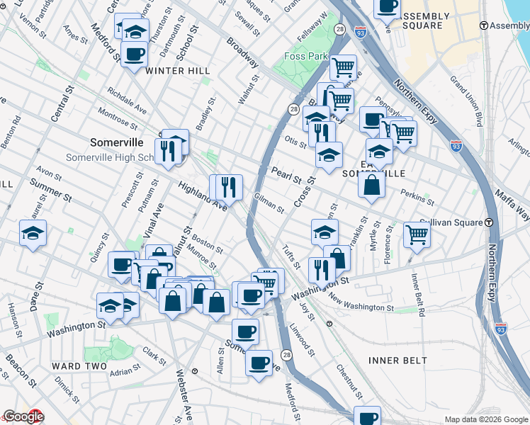 map of restaurants, bars, coffee shops, grocery stores, and more near in Somerville