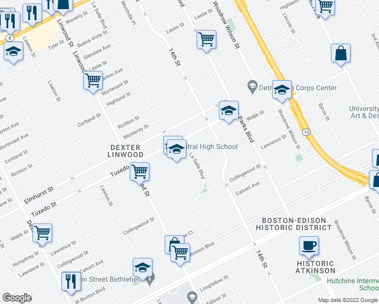map of restaurants, bars, coffee shops, grocery stores, and more near La Salle Blvd & Webb Ave in Detroit
