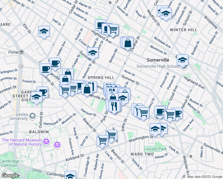 map of restaurants, bars, coffee shops, grocery stores, and more near 15 Central Street in Somerville