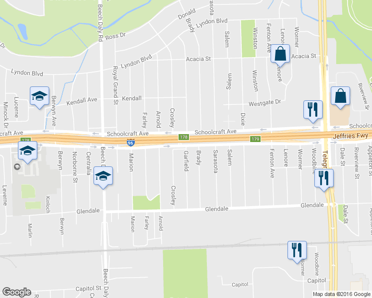 map of restaurants, bars, coffee shops, grocery stores, and more near Garfield in Redford Charter Township