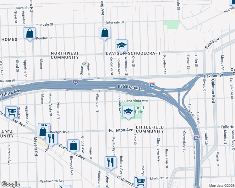 map of restaurants, bars, coffee shops, grocery stores, and more near 13109 Indiana Street in Detroit