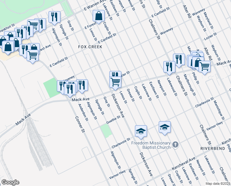 map of restaurants, bars, coffee shops, grocery stores, and more near 3551 Dickerson Avenue in Detroit