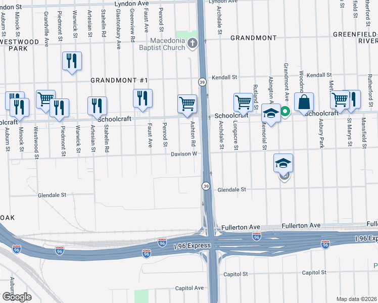 map of restaurants, bars, coffee shops, grocery stores, and more near 12939 Ashton Road in Detroit