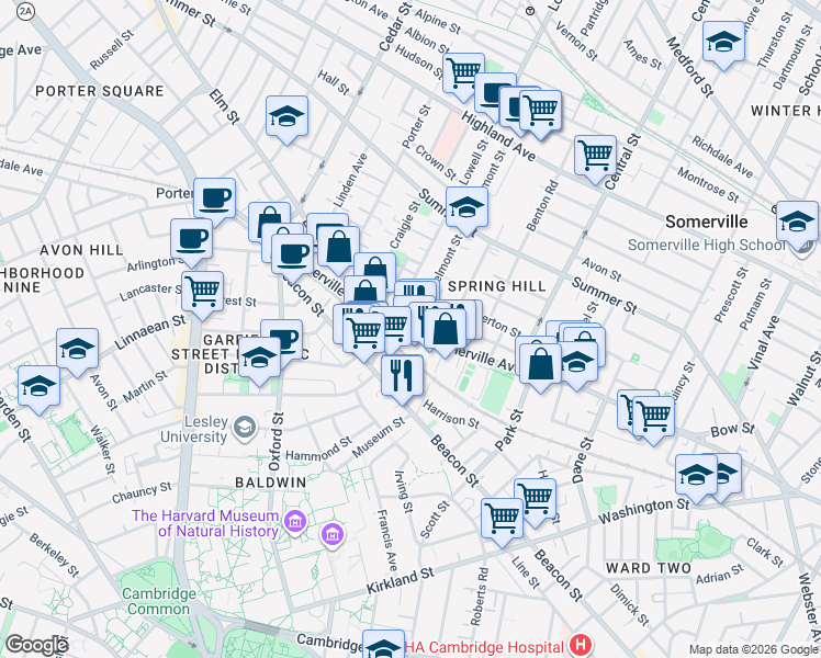 map of restaurants, bars, coffee shops, grocery stores, and more near 639 Somerville Avenue in Somerville