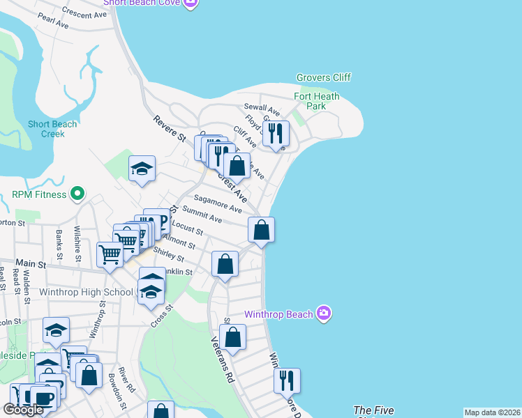 map of restaurants, bars, coffee shops, grocery stores, and more near 120 Crest Avenue in Winthrop