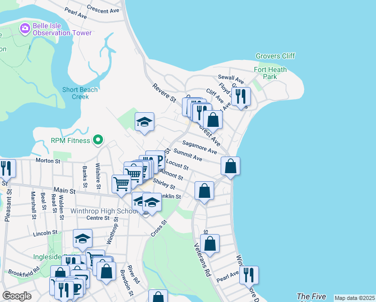 map of restaurants, bars, coffee shops, grocery stores, and more near 46 Locust Street in Winthrop