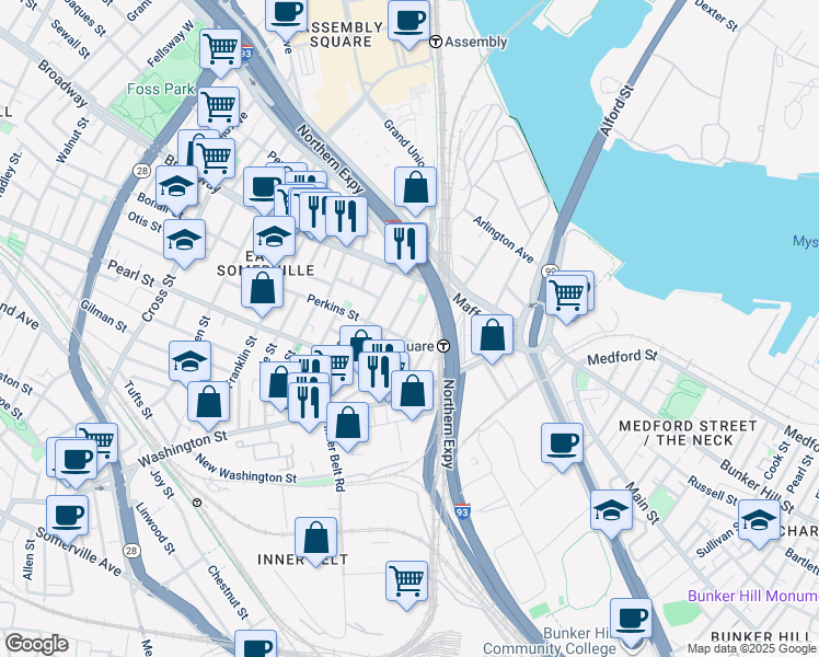 map of restaurants, bars, coffee shops, grocery stores, and more near 18 Parker Street in Boston