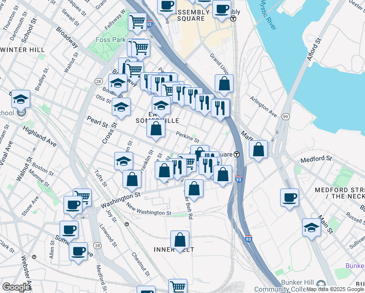 map of restaurants, bars, coffee shops, grocery stores, and more near 41 Pearl Street in Somerville