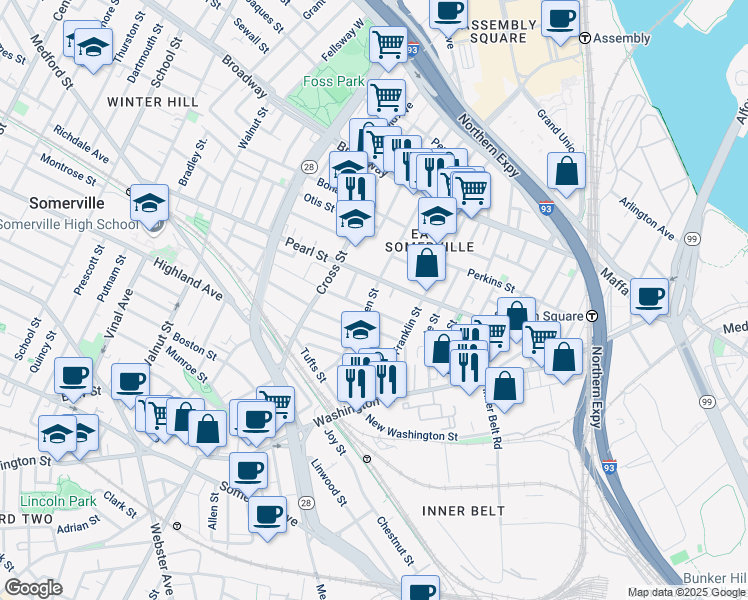 map of restaurants, bars, coffee shops, grocery stores, and more near 28 Flint Street in Somerville