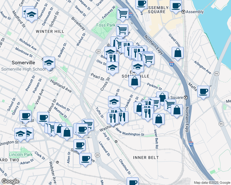 map of restaurants, bars, coffee shops, grocery stores, and more near 28 Flint Street in Somerville
