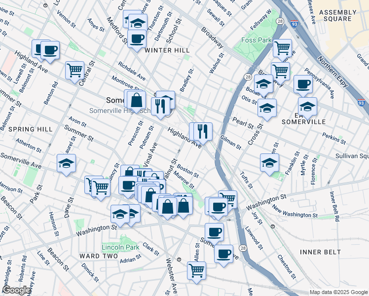 map of restaurants, bars, coffee shops, grocery stores, and more near 22 Thorpe Street in Somerville
