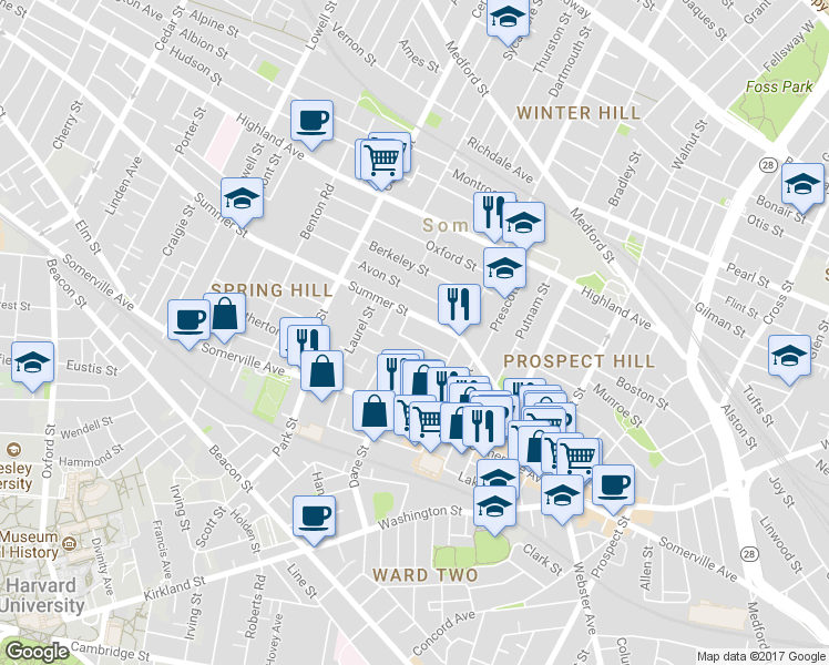 map of restaurants, bars, coffee shops, grocery stores, and more near 16 Preston Road in Somerville