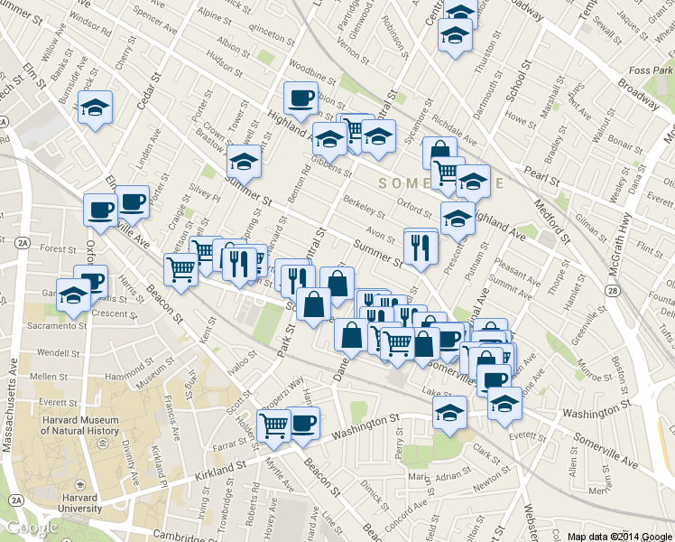 map of restaurants, bars, coffee shops, grocery stores, and more near 25 Laurel Street in Somerville